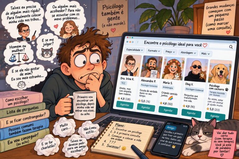 Como escolher um psicólogo online: pessoa compara perfis de psicólogos