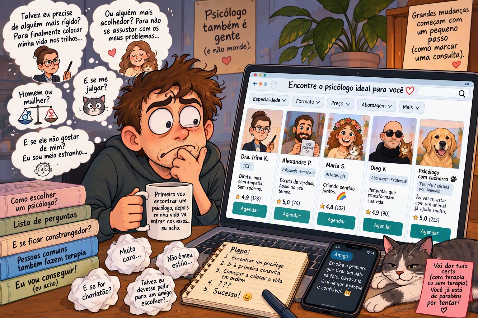 Como escolher um psicólogo online: pessoa compara perfis de psicólogos